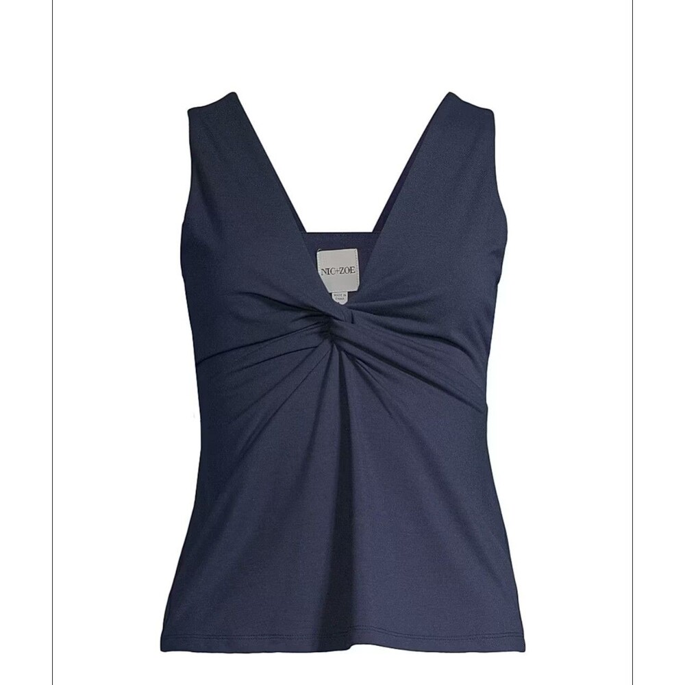 NIC+ZOE High Seas Tank L Dark Indigo Twist Front V-Neck Sleeveless Stretch Knit